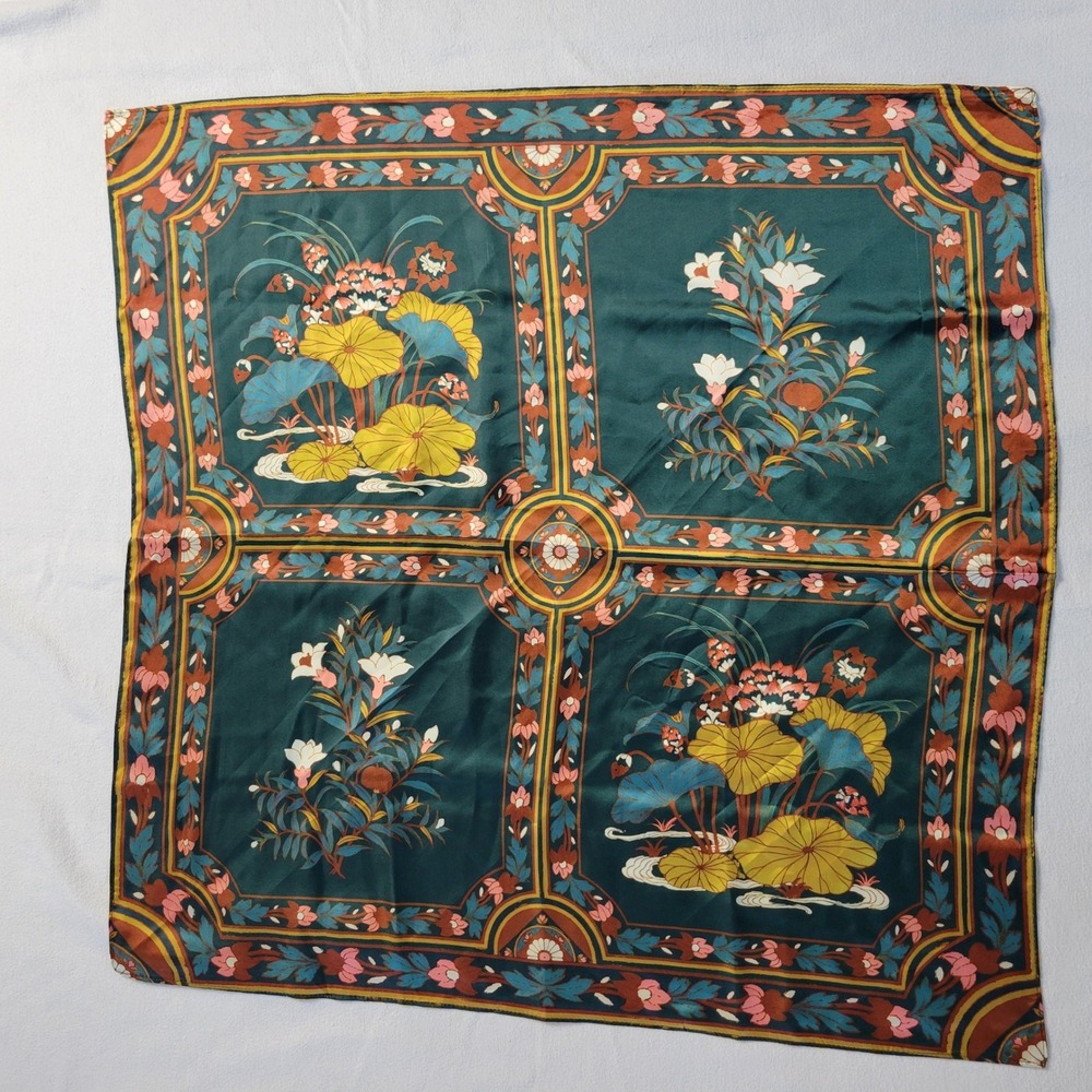 Teal Green Floral Satin Square Scarf Lotus Lily Botanical Chinoiserie 28x28